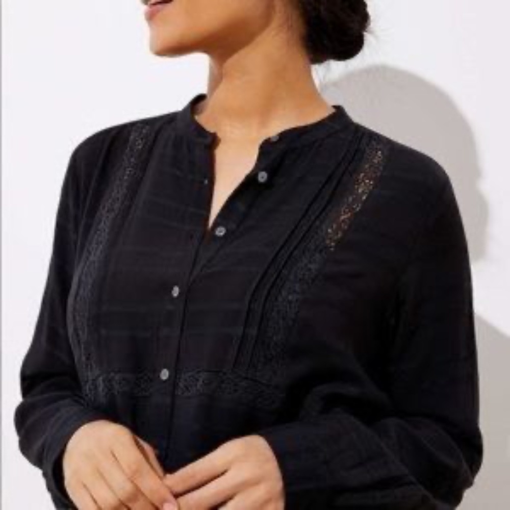 NWT LOFT Black Stitch-Detail Textured Stripe Button-Up Long Sleeve Tunic Top - Picture 4 of 12